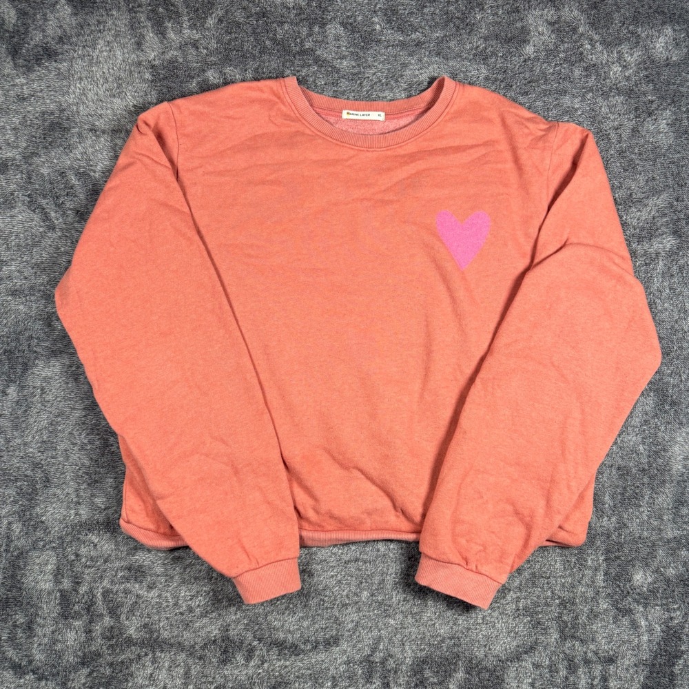 Marine Layer Coral Pink Glitter Heart Sweatshirt XL Womens Pullover Crewneck